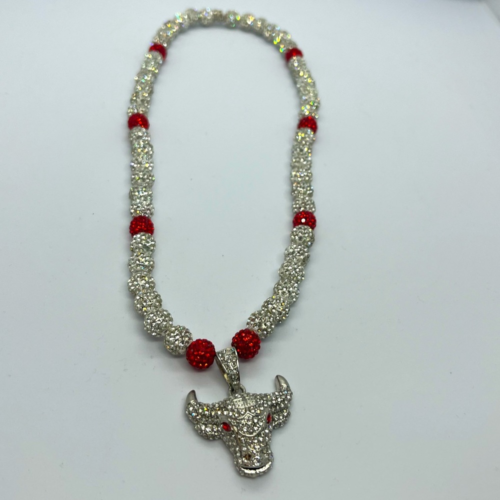 Silver and red rhinestone beaded necklace with Bulls rhinestone pendant